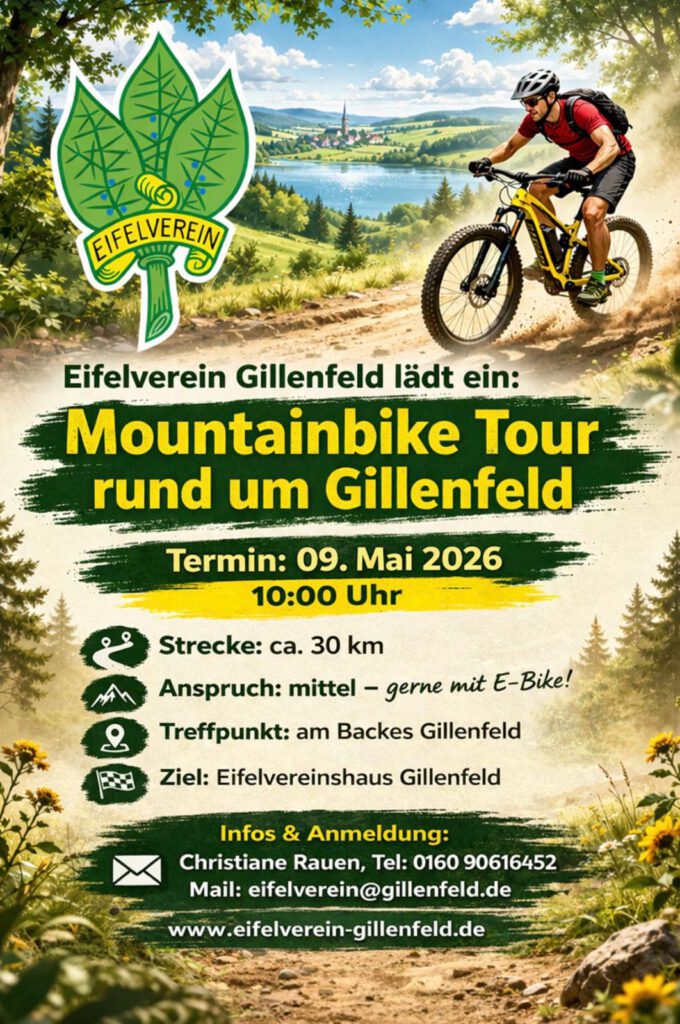 Einladung zur Mountenbike Tour am Samstag 09. Mai 2026. Treffpunkt um 10 Uhr am "Alten Bachaus" in der Holzmaarstraße 28 in Gillenfeld. Fahrstrecke ca. 30 km. Ziel ist das Eifelvereinshaus im Ronnentalweg 17.