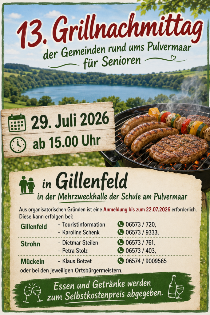 13. Grillnachmittag, der Gemeinden rund ums Pulvermaar für Senioren.
29. Juli 2026
ab 15.00 Uhr
in Gillenfeld in der Mehrzweckhalle der Schule am Pulvermaar.
Aus organisatorischen Gründen ist eine Anmeldung bis zum 22.07.2026 erforderlich. Diese kann erfolgen bei:
Gillenfeld	
- Touristinformation 06573 / 720, 
- Karoline Schenk 06573 / 9333, 
Strohn		
- Dietmar Steilen 06573 / 761,
- Petra Stolz 06573 / 403,
Mückeln		
- Klaus Botzet	06574 / 9009565
oder bei den jeweiligen Ortsbürgermeistern.
Essen und Getränke werden zum Selbstkostenpreis abgegeben.

